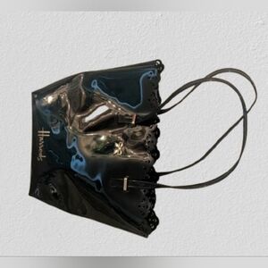 Harrod's Stylish Black Handbag Scallop Top Patent Gold Details